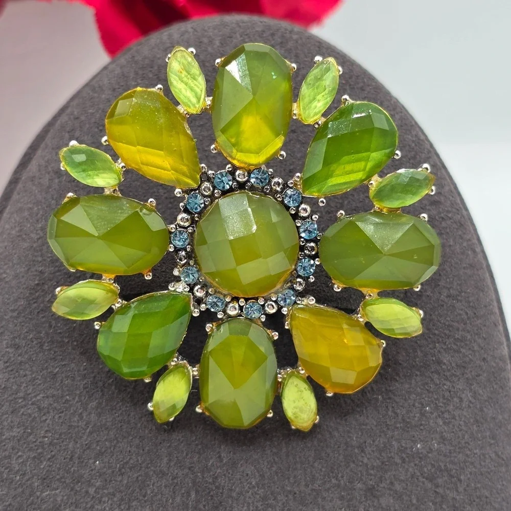 Liz Claiborne Vintage‎ Estate Art Deco Style Brooch Green Amber Gemstones Glam
